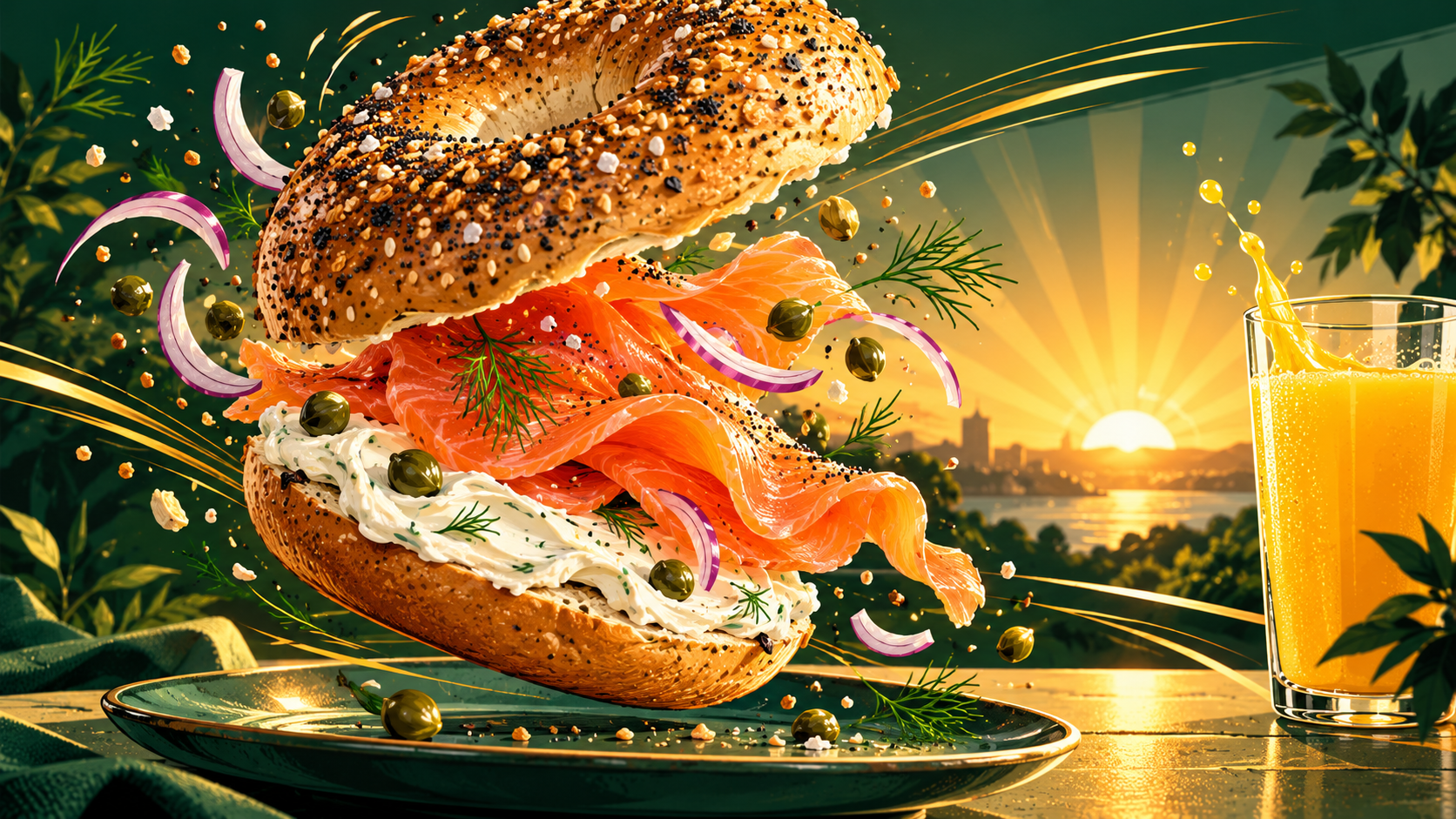 Illustration of a golden bagel with cream cheese and lox beside a glass of fresh juice in morning light