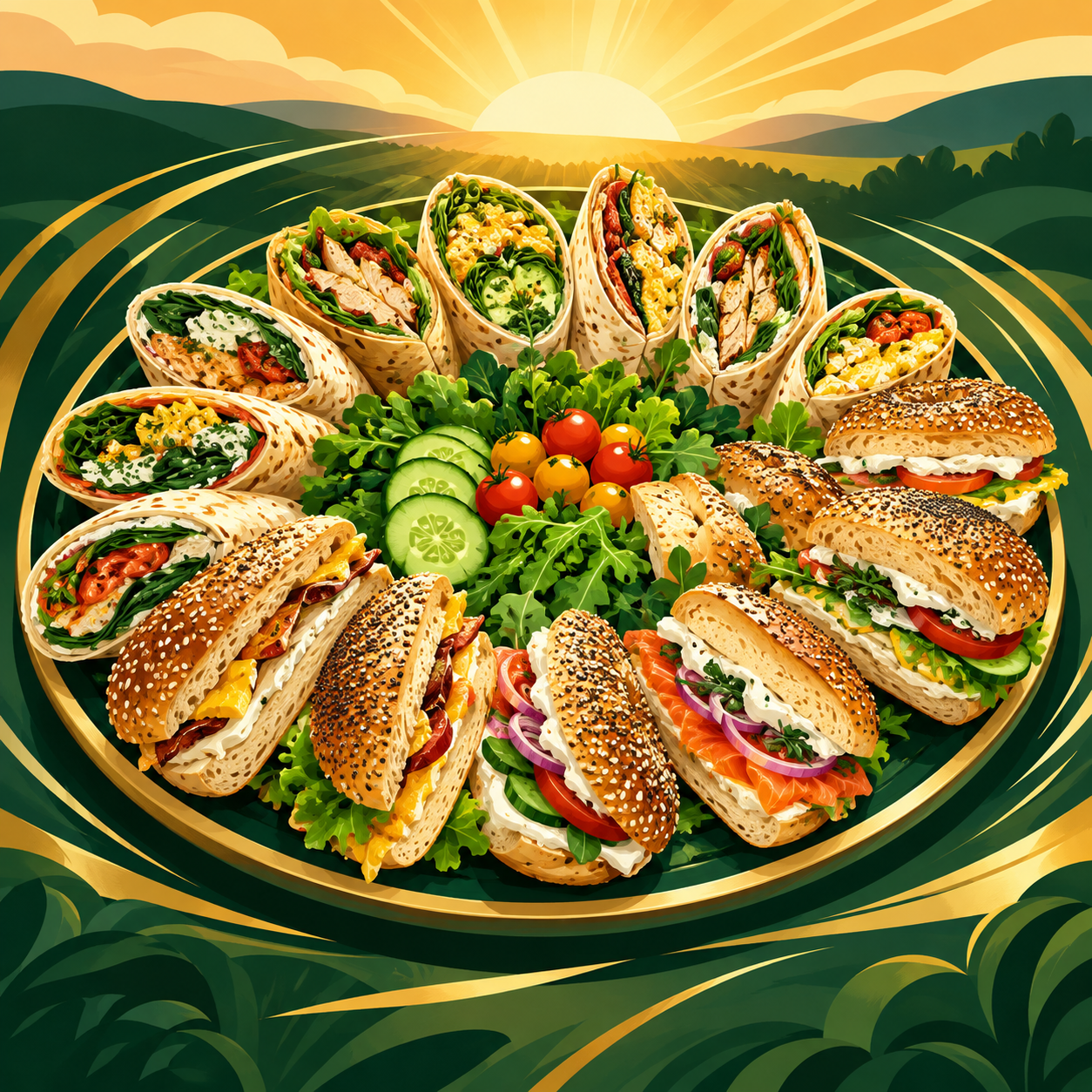 Illustration of an abundant catering platter of wraps and bagel halves arranged in a circle